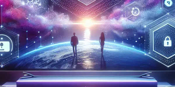 A futuristic living room featuring a large screen with vibrant visuals, symbols of streaming platforms, and hints of privacy.