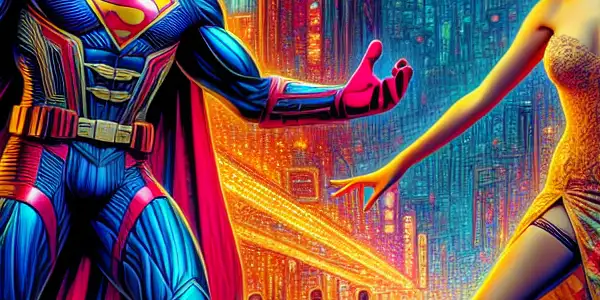A superhero in a sleek costume prepares to rescue a glamorous damsel in a neon-lit cityscape.