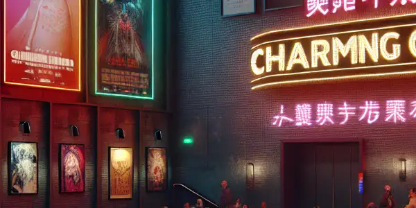 A lively cinema interior featuring diverse viewers enjoying a Japanese adult film screening with vibrant decor and inviting atmosphere.