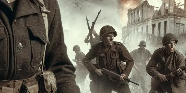 A determined guerrilla fighter stands in a war-torn Sarajevo, surrounded by destruction and chaos during World War II.<a href=