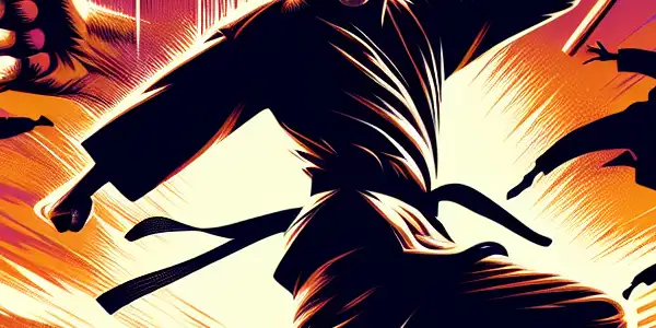 A martial artist in a fierce pose, set against a vibrant urban sunset, surrounded by action elements and dynamic visuals.