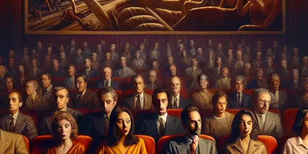 A diverse audience captivated by a provocative film in a vintage cinema, surrounded by plush seats and old posters.