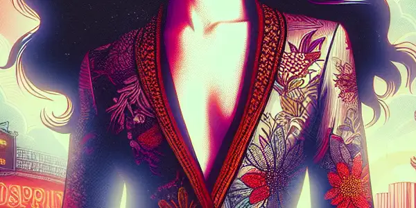 A vintage-inspired movie poster featuring a confident woman with dark hair, blending 1970s Western and Japanese adult cinema elements.