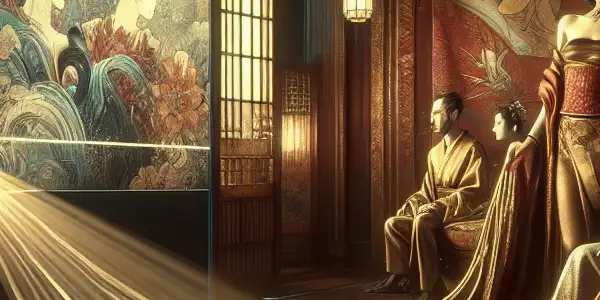 A captivating Japanese-inspired room featuring cinematic elements, vintage film projector, and elegant characters in intricate costumes.